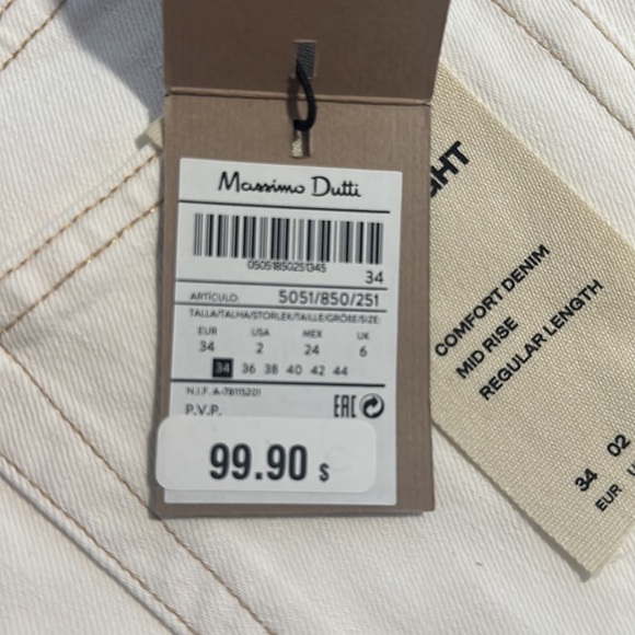 NWT. Massimo Dutti White White Mid -Waist Straight Fit Jeans. Size 2. - Picture 9 of 9